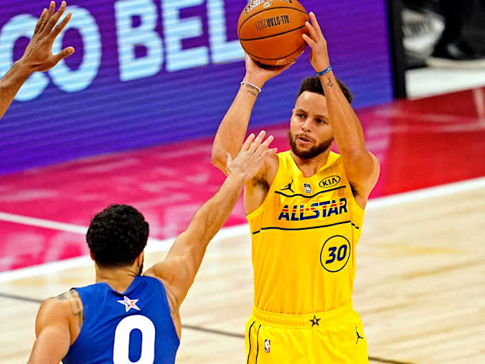 Steph Curry shoots over Jayson Tatum at the 2021 NBA All-Star Game